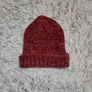 Vintage Y2K Chenille Knit Beanie Hat Red & Silver Metallic Thread Winter Fall